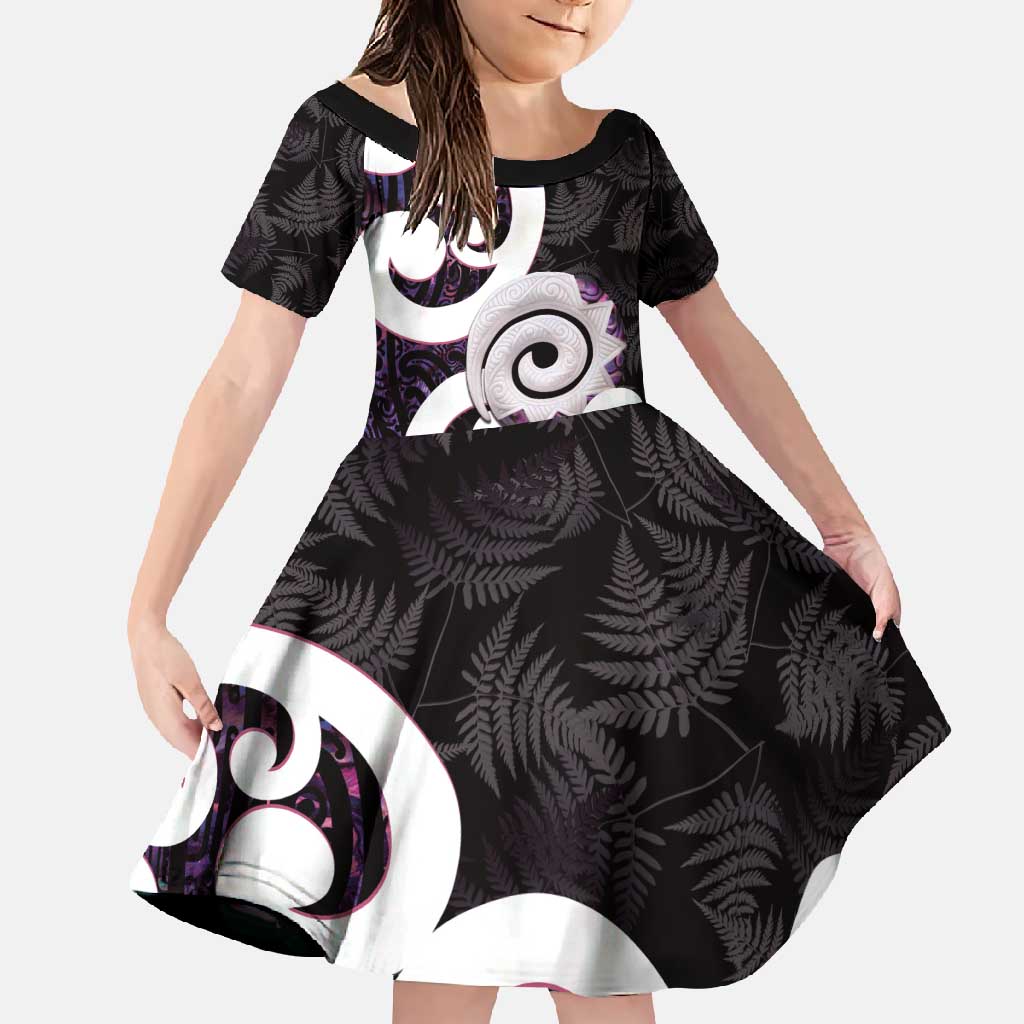Aotearoa Koru Family Matching Off Shoulder Maxi Dress and Hawaiian Shirt Purple Maori Paua Shell Mix Silver Fern LT14 Daughter's Dress Black - Polynesian Pride