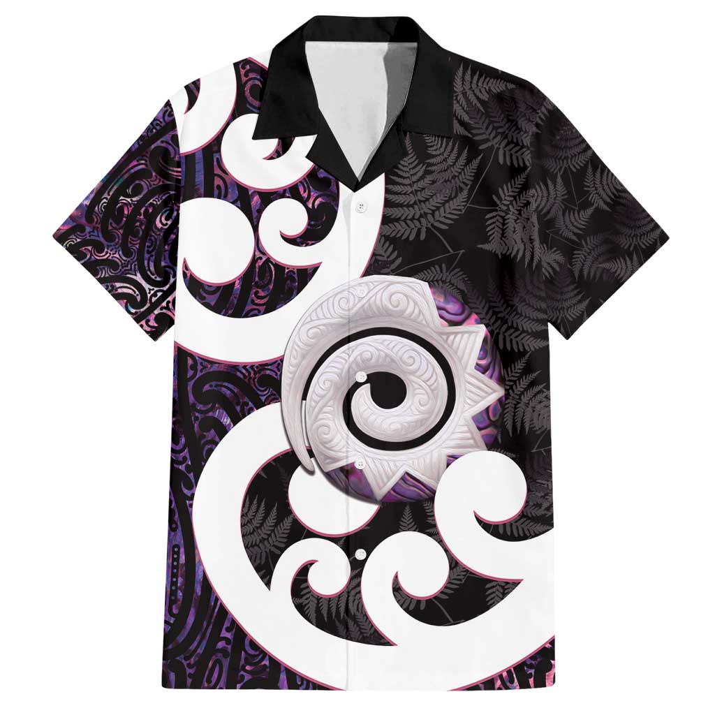Aotearoa Koru Family Matching Off Shoulder Maxi Dress and Hawaiian Shirt Purple Maori Paua Shell Mix Silver Fern LT14 Dad's Shirt - Short Sleeve Black - Polynesian Pride