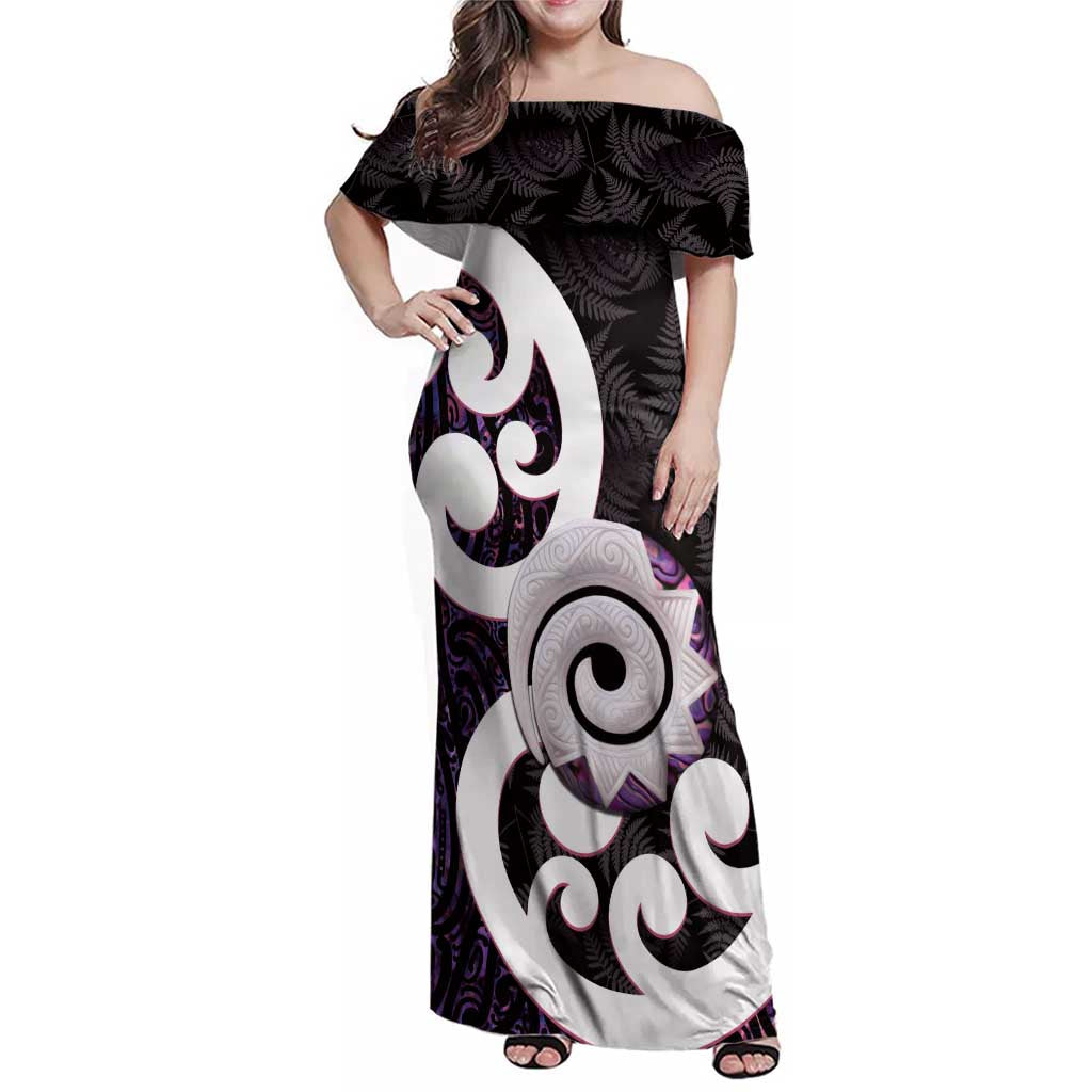 Aotearoa Koru Family Matching Off Shoulder Maxi Dress and Hawaiian Shirt Purple Maori Paua Shell Mix Silver Fern LT14 Mom's Dress Black - Polynesian Pride