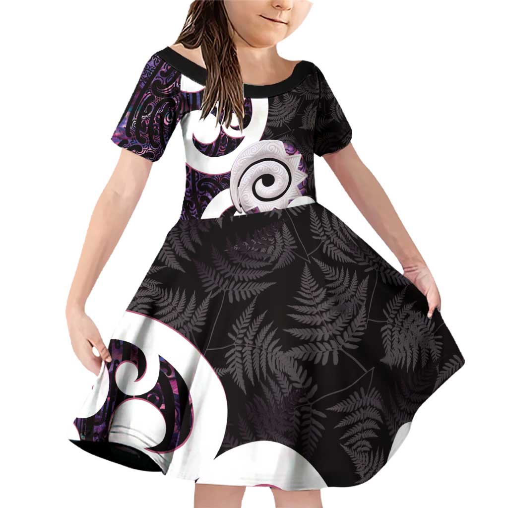 Aotearoa Koru Family Matching Off Shoulder Short Dress and Hawaiian Shirt Purple Maori Paua Shell Mix Silver Fern LT14 Daughter's Dress Black - Polynesian Pride