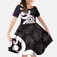 Aotearoa Koru Family Matching Puletasi and Hawaiian Shirt Purple Maori Paua Shell Mix Silver Fern LT14 Daughter's Dress Black - Polynesian Pride