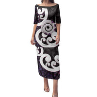 Aotearoa Koru Family Matching Puletasi and Hawaiian Shirt Purple Maori Paua Shell Mix Silver Fern LT14 Mom's Dress Black - Polynesian Pride