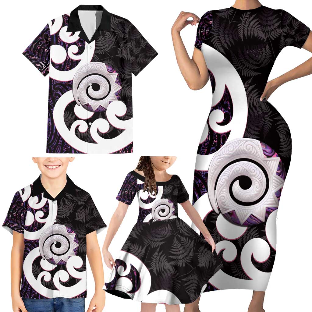 Aotearoa Koru Family Matching Short Sleeve Bodycon Dress and Hawaiian Shirt Purple Maori Paua Shell Mix Silver Fern LT14 - Polynesian Pride