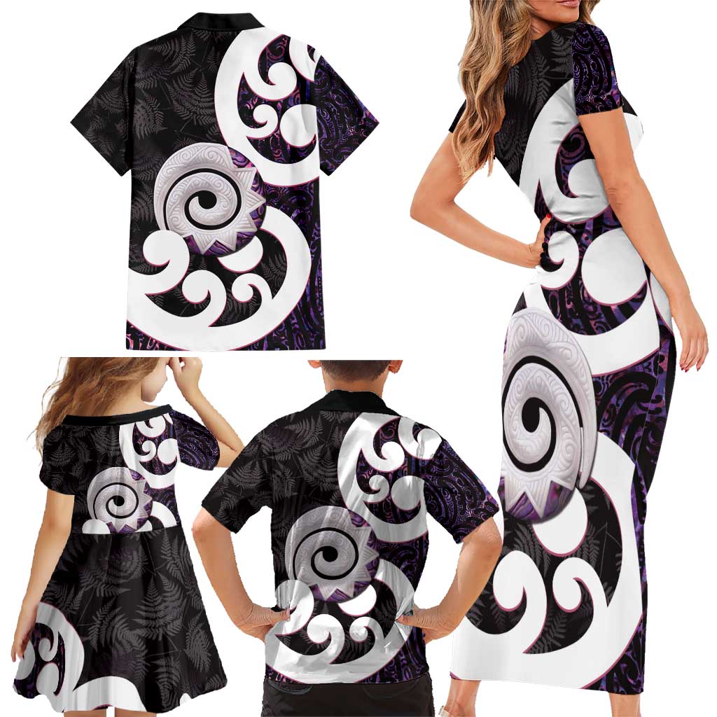 Aotearoa Koru Family Matching Short Sleeve Bodycon Dress and Hawaiian Shirt Purple Maori Paua Shell Mix Silver Fern LT14 - Polynesian Pride
