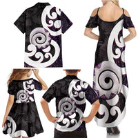Aotearoa Koru Family Matching Summer Maxi Dress and Hawaiian Shirt Purple Maori Paua Shell Mix Silver Fern LT14 - Polynesian Pride