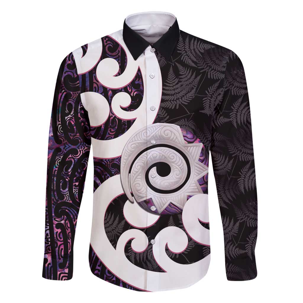 Aotearoa Koru Family Matching Summer Maxi Dress and Hawaiian Shirt Purple Maori Paua Shell Mix Silver Fern LT14 Dad's Shirt - Long Sleeve Black - Polynesian Pride