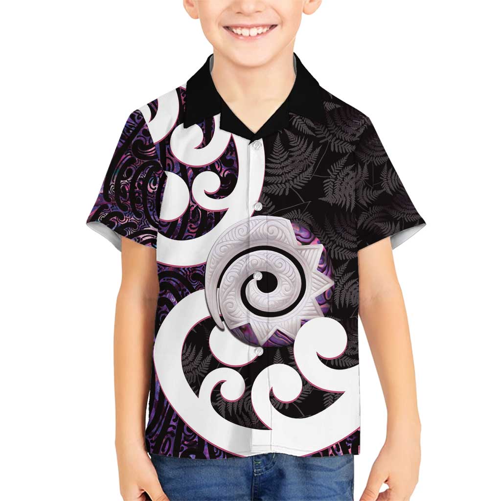 Aotearoa Koru Family Matching Tank Maxi Dress and Hawaiian Shirt Purple Maori Paua Shell Mix Silver Fern LT14 Son's Shirt Black - Polynesian Pride