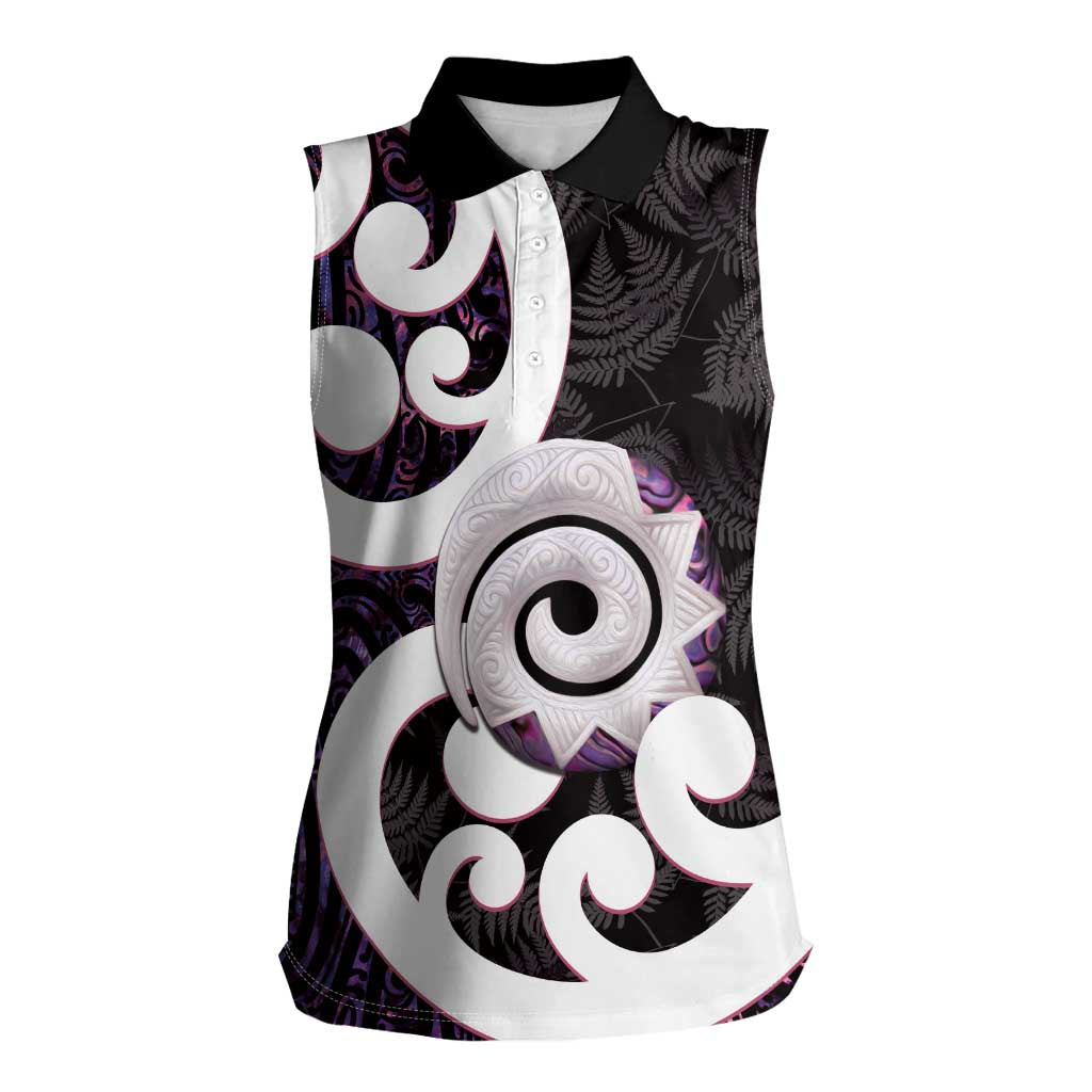 Aotearoa Koru Women Sleeveless Polo Shirt Purple Maori Paua Shell Mix Silver Fern LT14 Female Black - Polynesian Pride