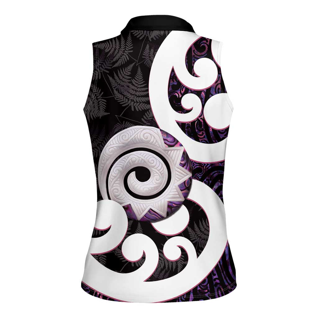 Aotearoa Koru Women Sleeveless Polo Shirt Purple Maori Paua Shell Mix Silver Fern LT14 - Polynesian Pride