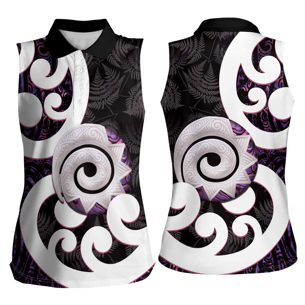 Aotearoa Koru Women Sleeveless Polo Shirt Purple Maori Paua Shell Mix Silver Fern LT14 - Polynesian Pride
