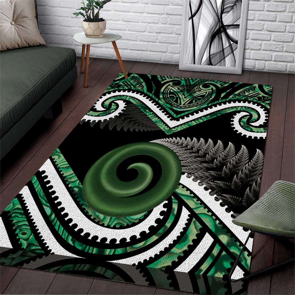 Koru Pounamu Aotearoa Area Rug Maori Paua Shell Mix Silver Fern LT14 Black - Polynesian Pride