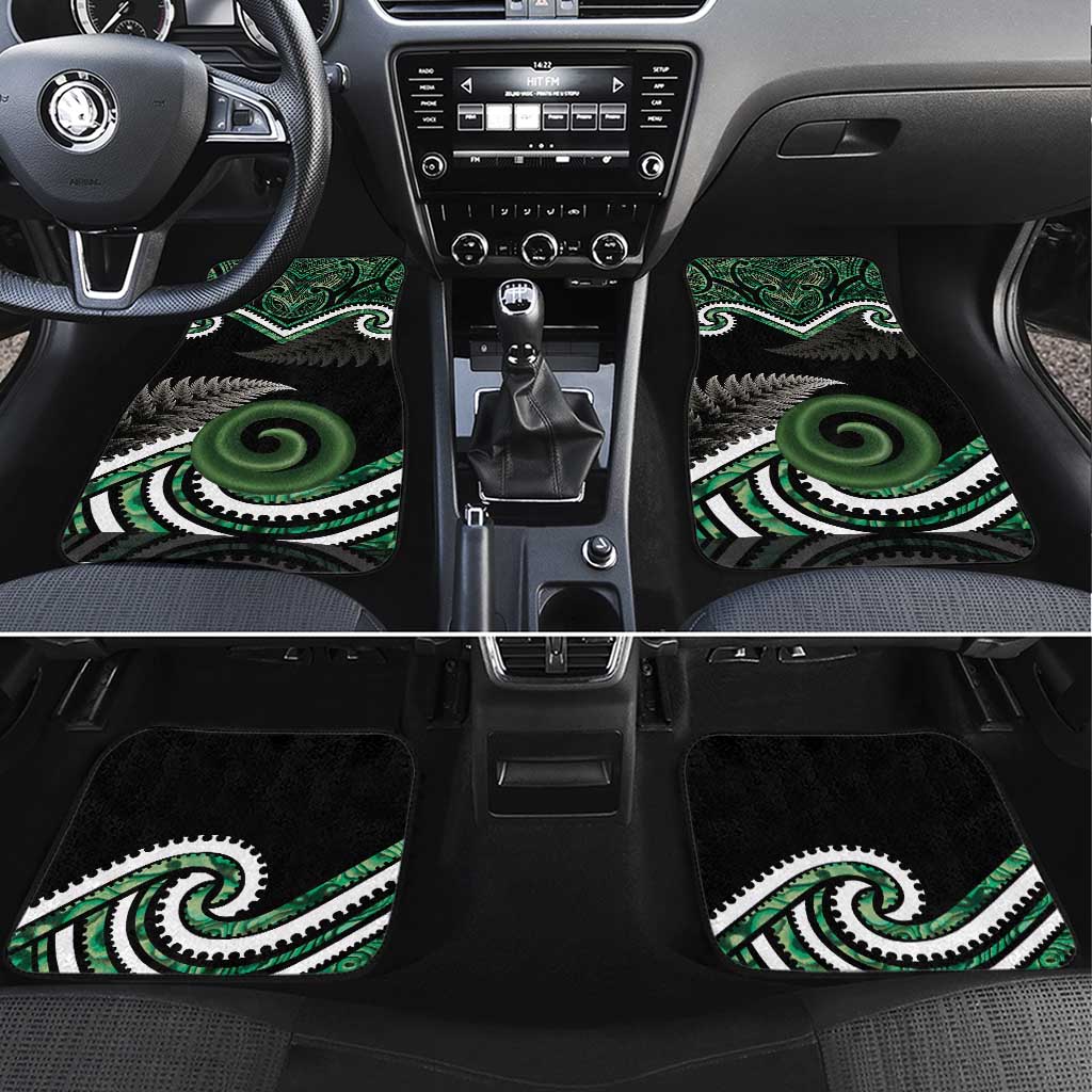 Koru Pounamu Aotearoa Car Mats Maori Paua Shell Mix Silver Fern LT14 Set 4pcs Black - Polynesian Pride