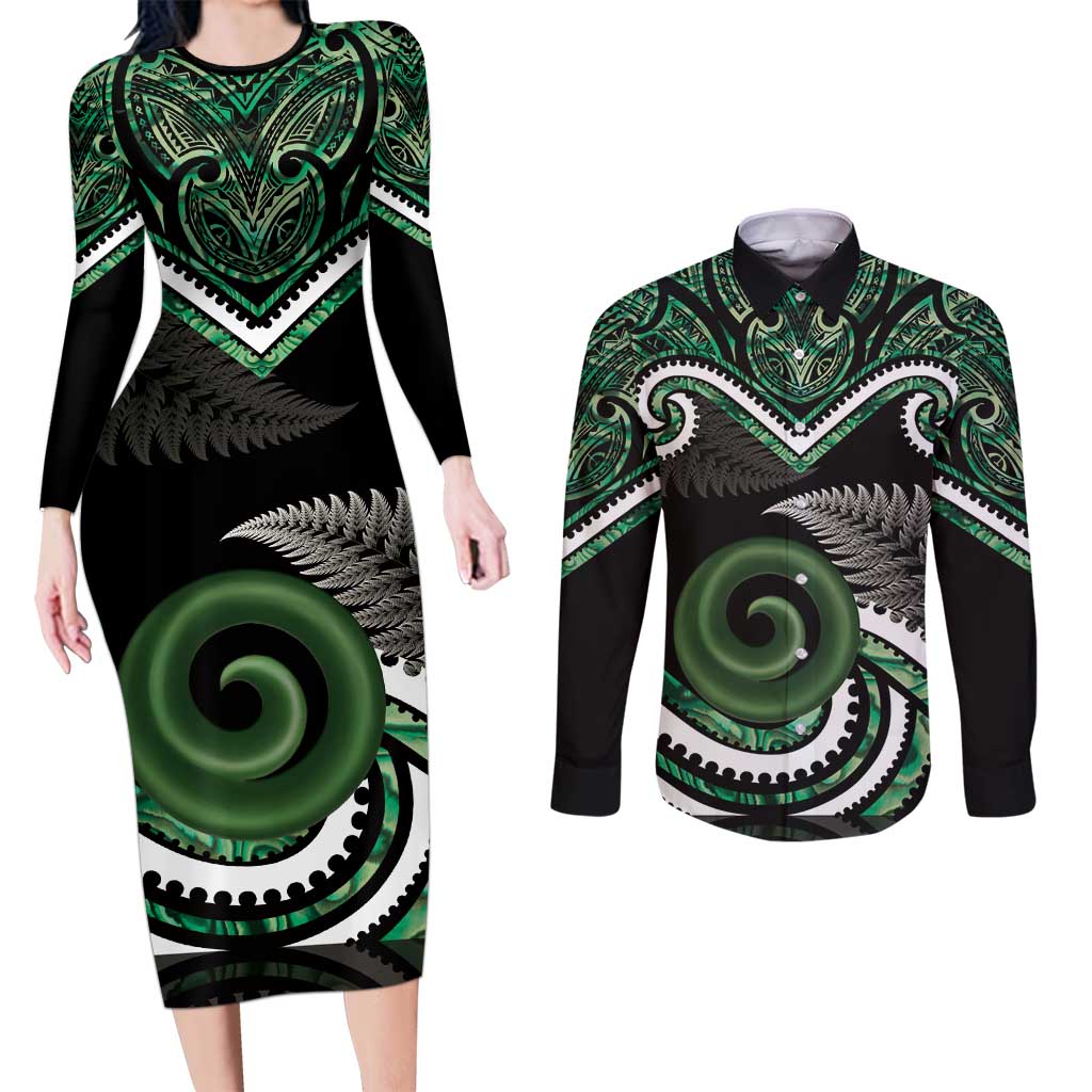 Koru Pounamu Aotearoa Couples Matching Long Sleeve Bodycon Dress and Long Sleeve Button Shirt Maori Paua Shell Mix Silver Fern LT14 Black - Polynesian Pride