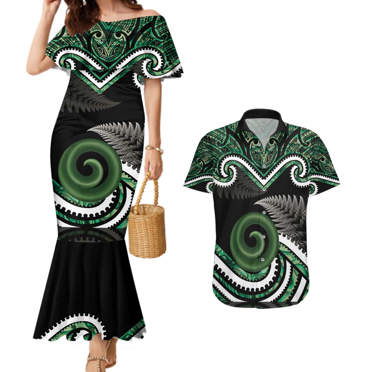 Koru Pounamu Aotearoa Couples Matching Mermaid Dress and Hawaiian Shirt Maori Paua Shell Mix Silver Fern LT14 Black - Polynesian Pride