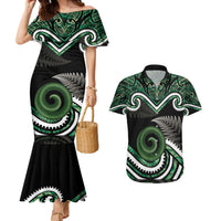 Koru Pounamu Aotearoa Couples Matching Mermaid Dress and Hawaiian Shirt Maori Paua Shell Mix Silver Fern LT14 Black - Polynesian Pride