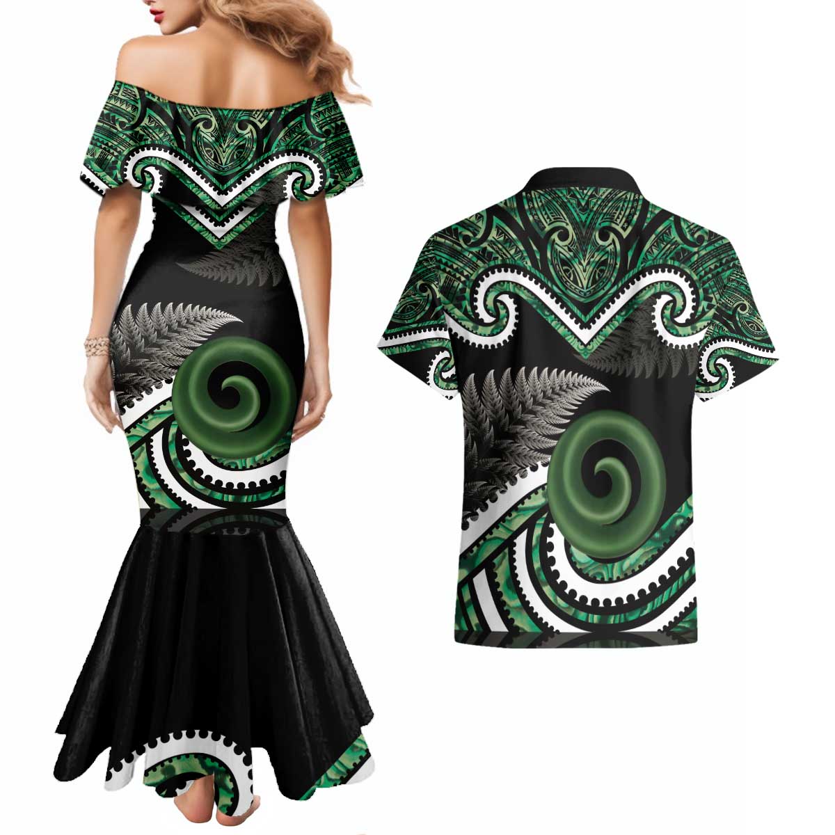 Koru Pounamu Aotearoa Couples Matching Mermaid Dress and Hawaiian Shirt Maori Paua Shell Mix Silver Fern LT14 - Polynesian Pride