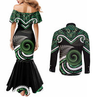 Koru Pounamu Aotearoa Couples Matching Mermaid Dress and Long Sleeve Button Shirt Maori Paua Shell Mix Silver Fern LT14 - Polynesian Pride