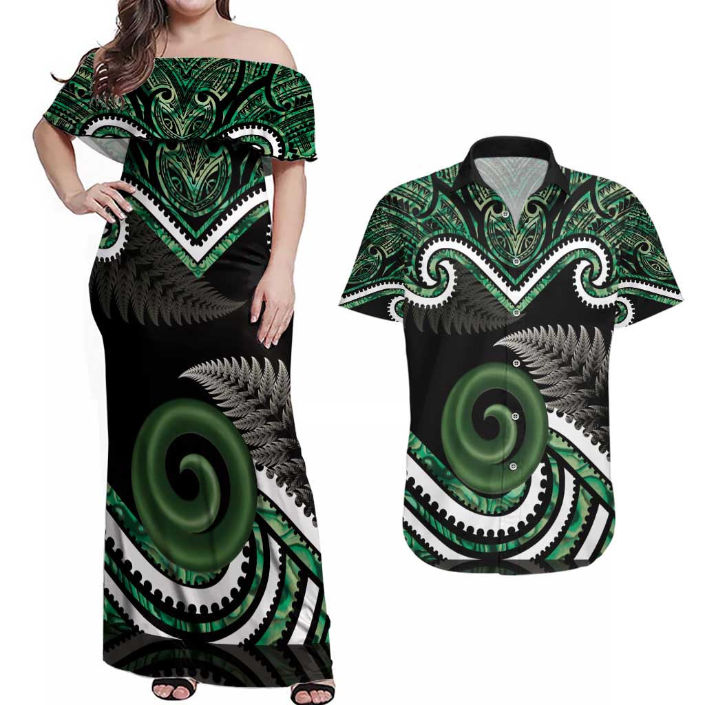 Koru Pounamu Aotearoa Couples Matching Off Shoulder Maxi Dress and Hawaiian Shirt Maori Paua Shell Mix Silver Fern LT14 Black - Polynesian Pride