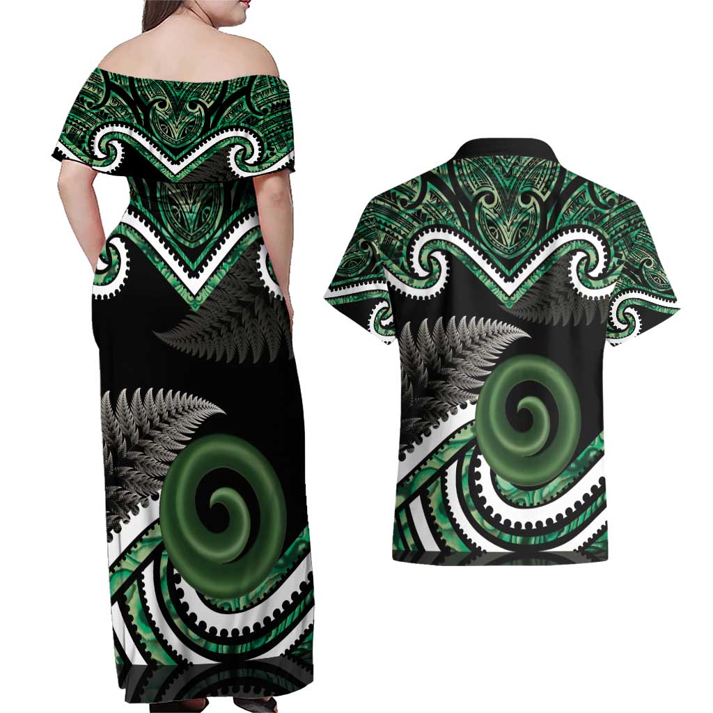 Koru Pounamu Aotearoa Couples Matching Off Shoulder Maxi Dress and Hawaiian Shirt Maori Paua Shell Mix Silver Fern LT14 - Polynesian Pride