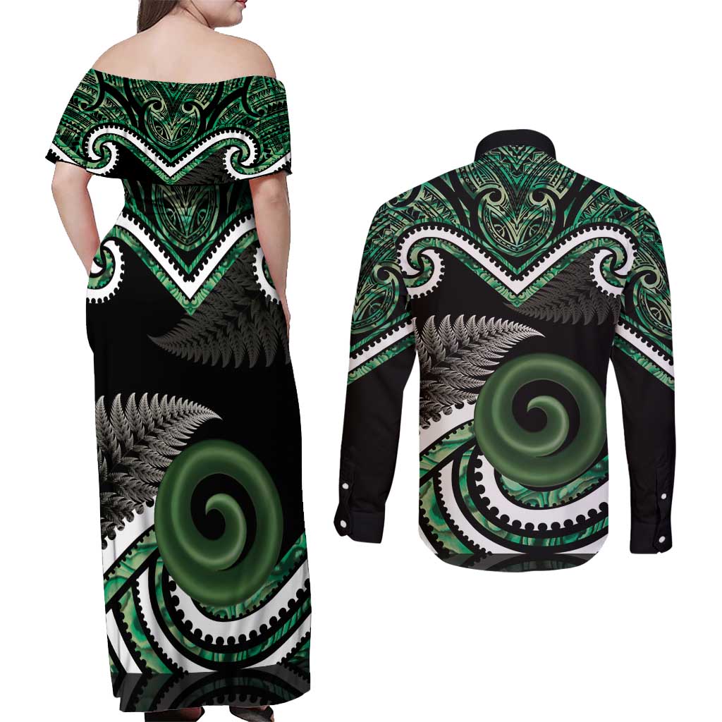Koru Pounamu Aotearoa Couples Matching Off Shoulder Maxi Dress and Long Sleeve Button Shirt Maori Paua Shell Mix Silver Fern LT14 - Polynesian Pride