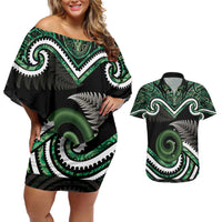 Koru Pounamu Aotearoa Couples Matching Off Shoulder Short Dress and Hawaiian Shirt Maori Paua Shell Mix Silver Fern LT14 Black - Polynesian Pride