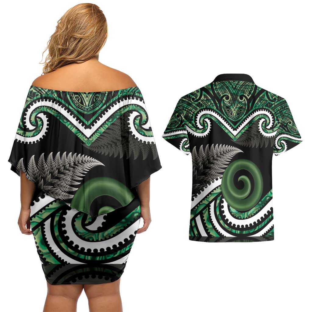Koru Pounamu Aotearoa Couples Matching Off Shoulder Short Dress and Hawaiian Shirt Maori Paua Shell Mix Silver Fern LT14 - Polynesian Pride
