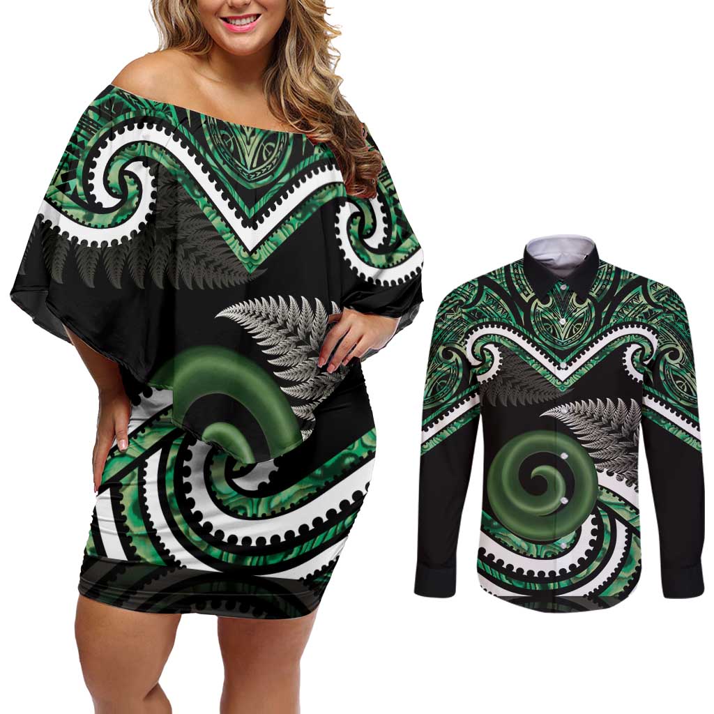 Koru Pounamu Aotearoa Couples Matching Off Shoulder Short Dress and Long Sleeve Button Shirt Maori Paua Shell Mix Silver Fern LT14 Black - Polynesian Pride