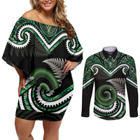 Koru Pounamu Aotearoa Couples Matching Off Shoulder Short Dress and Long Sleeve Button Shirt Maori Paua Shell Mix Silver Fern LT14 Black - Polynesian Pride