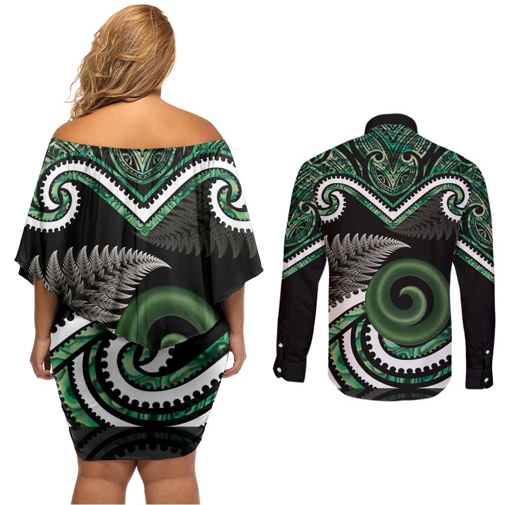 Koru Pounamu Aotearoa Couples Matching Off Shoulder Short Dress and Long Sleeve Button Shirt Maori Paua Shell Mix Silver Fern LT14 - Polynesian Pride