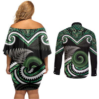 Koru Pounamu Aotearoa Couples Matching Off Shoulder Short Dress and Long Sleeve Button Shirt Maori Paua Shell Mix Silver Fern LT14 - Polynesian Pride