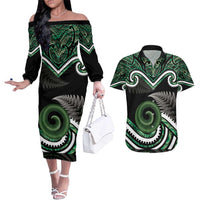 Koru Pounamu Aotearoa Couples Matching Off The Shoulder Long Sleeve Dress and Hawaiian Shirt Maori Paua Shell Mix Silver Fern LT14 Black - Polynesian Pride