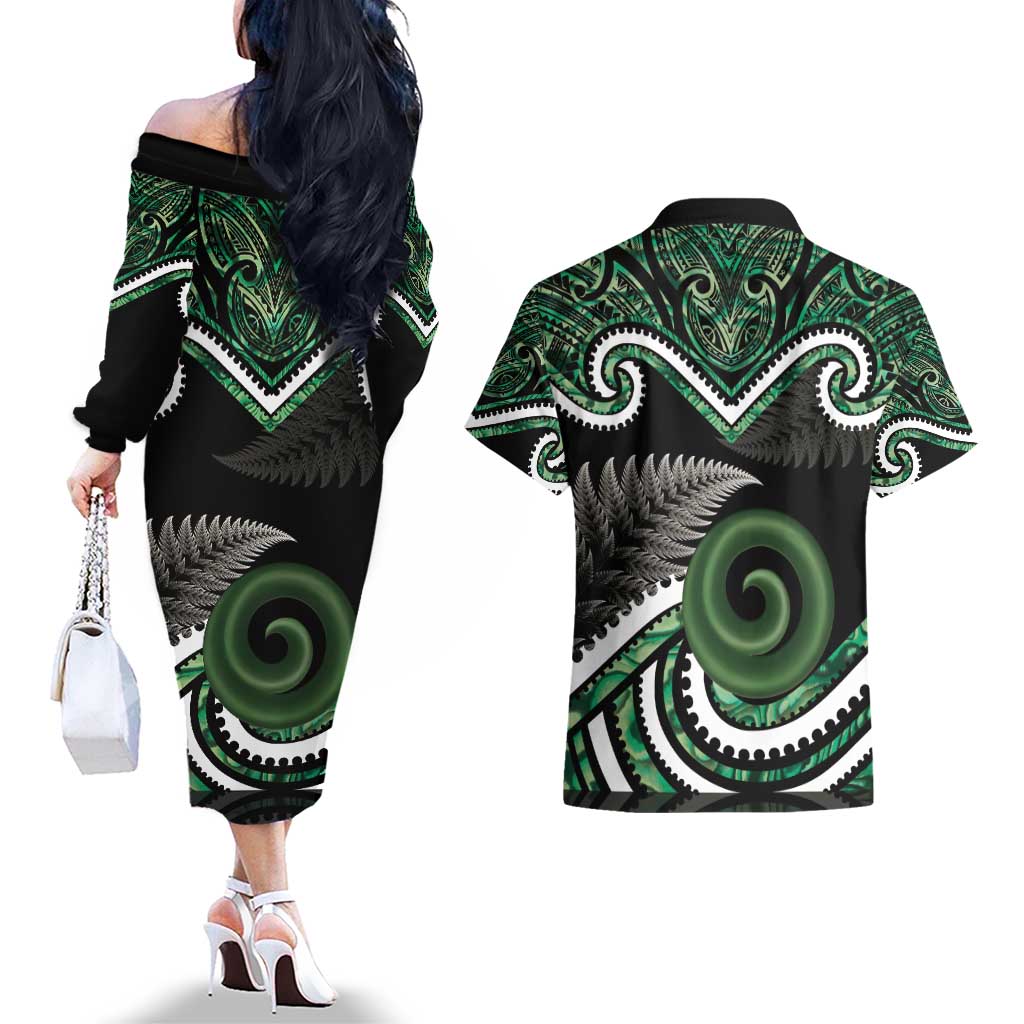 Koru Pounamu Aotearoa Couples Matching Off The Shoulder Long Sleeve Dress and Hawaiian Shirt Maori Paua Shell Mix Silver Fern LT14 - Polynesian Pride