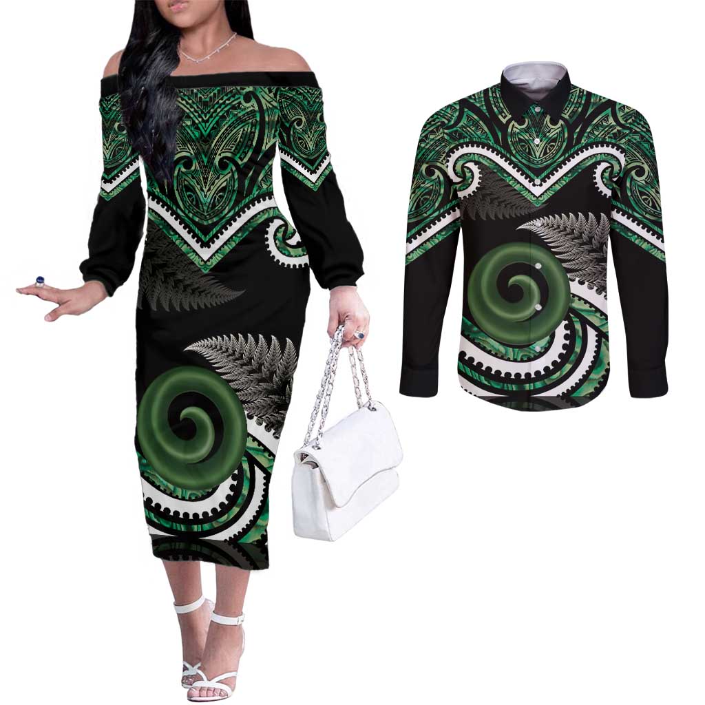 Koru Pounamu Aotearoa Couples Matching Off The Shoulder Long Sleeve Dress and Long Sleeve Button Shirt Maori Paua Shell Mix Silver Fern LT14 Black - Polynesian Pride