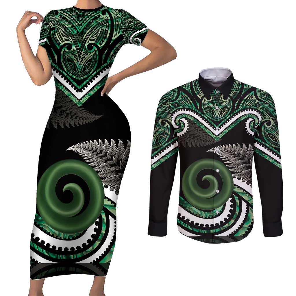 Koru Pounamu Aotearoa Couples Matching Short Sleeve Bodycon Dress and Long Sleeve Button Shirt Maori Paua Shell Mix Silver Fern LT14 Black - Polynesian Pride