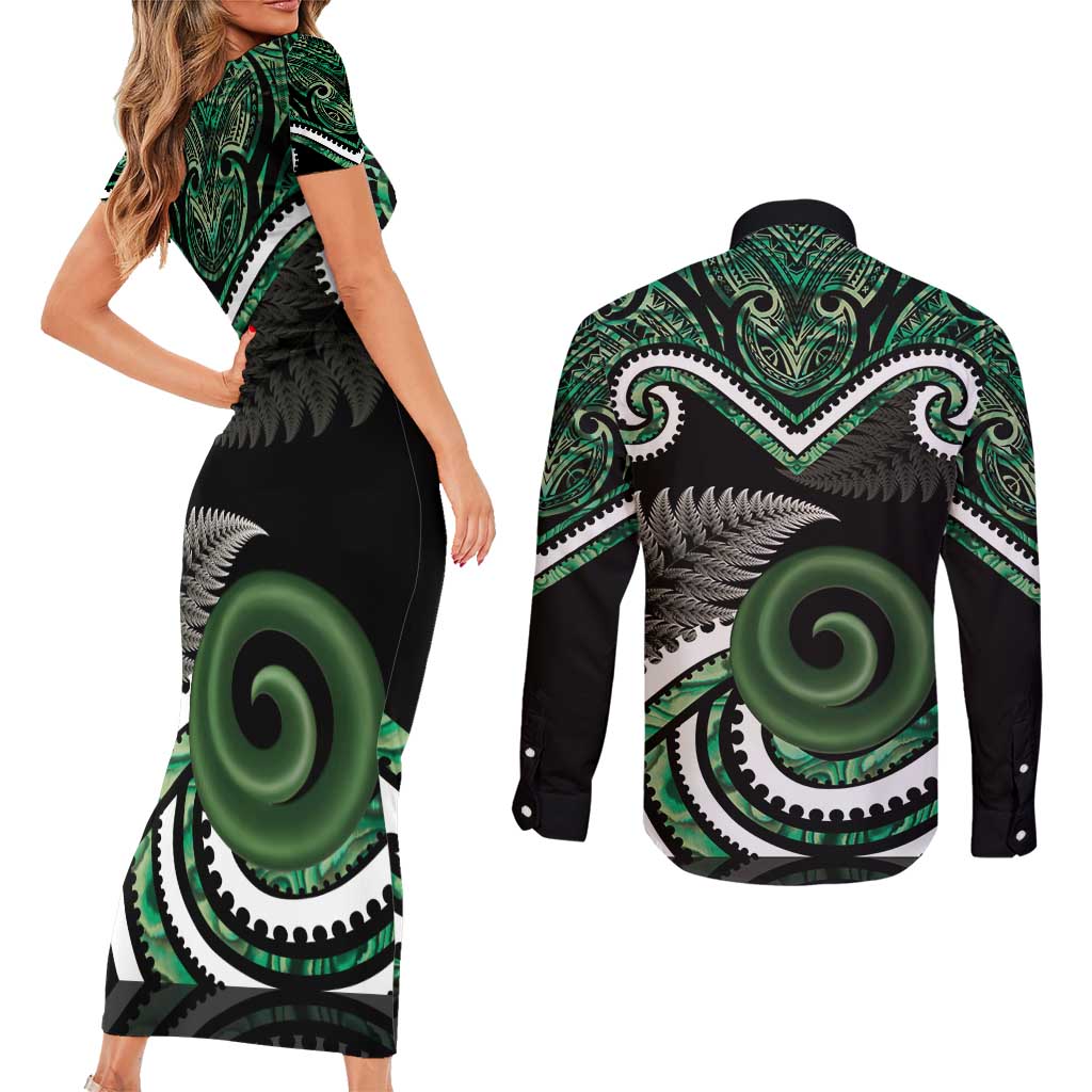 Koru Pounamu Aotearoa Couples Matching Short Sleeve Bodycon Dress and Long Sleeve Button Shirt Maori Paua Shell Mix Silver Fern LT14 - Polynesian Pride