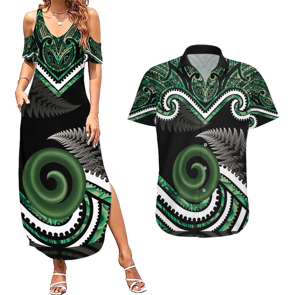 Koru Pounamu Aotearoa Couples Matching Summer Maxi Dress and Hawaiian Shirt Maori Paua Shell Mix Silver Fern LT14 Black - Polynesian Pride