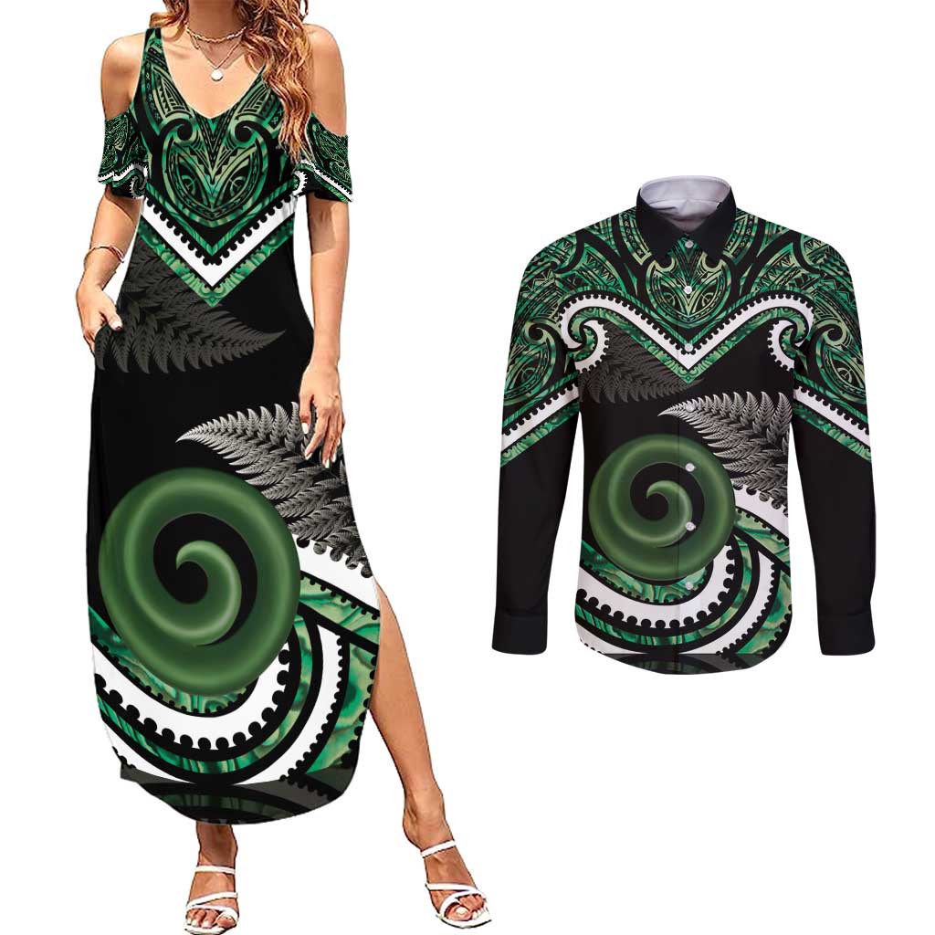 Koru Pounamu Aotearoa Couples Matching Summer Maxi Dress and Long Sleeve Button Shirt Maori Paua Shell Mix Silver Fern LT14 Black - Polynesian Pride
