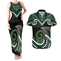Koru Pounamu Aotearoa Couples Matching Tank Maxi Dress and Hawaiian Shirt Maori Paua Shell Mix Silver Fern LT14 Black - Polynesian Pride