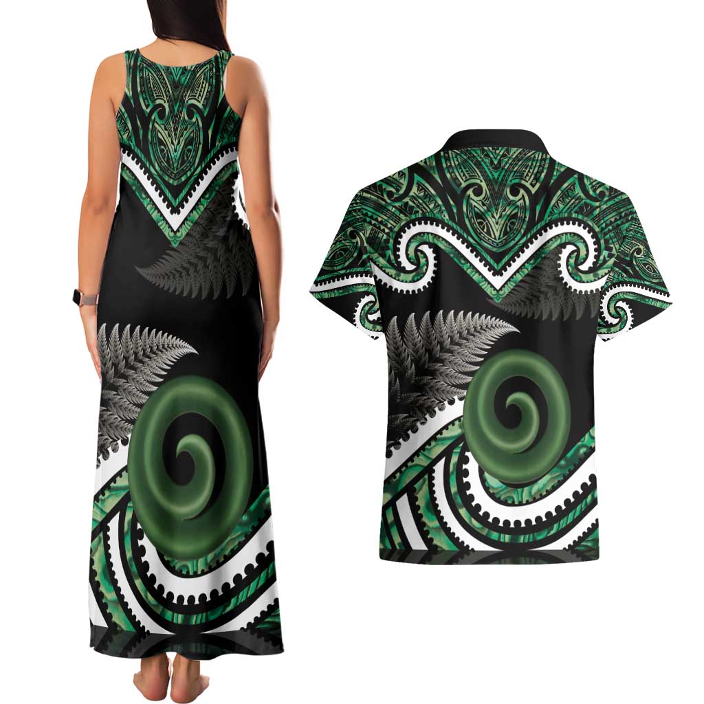 Koru Pounamu Aotearoa Couples Matching Tank Maxi Dress and Hawaiian Shirt Maori Paua Shell Mix Silver Fern LT14 - Polynesian Pride