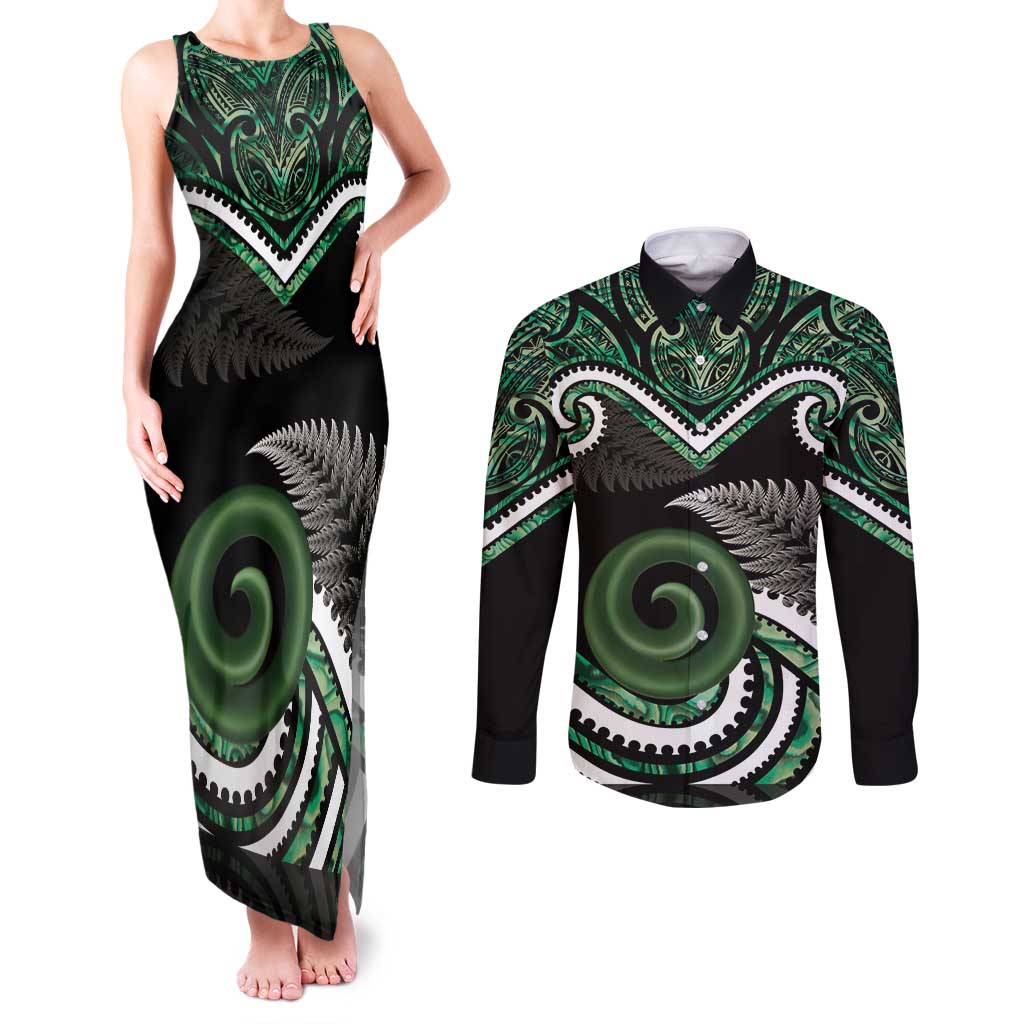 Koru Pounamu Aotearoa Couples Matching Tank Maxi Dress and Long Sleeve Button Shirt Maori Paua Shell Mix Silver Fern LT14 Black - Polynesian Pride