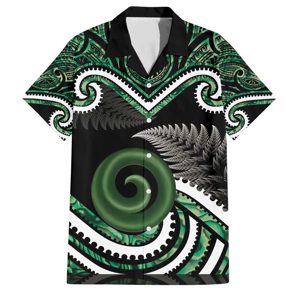 Koru Pounamu Aotearoa Family Matching Long Sleeve Bodycon Dress and Hawaiian Shirt Maori Paua Shell Mix Silver Fern LT14 Dad's Shirt - Short Sleeve Black - Polynesian Pride