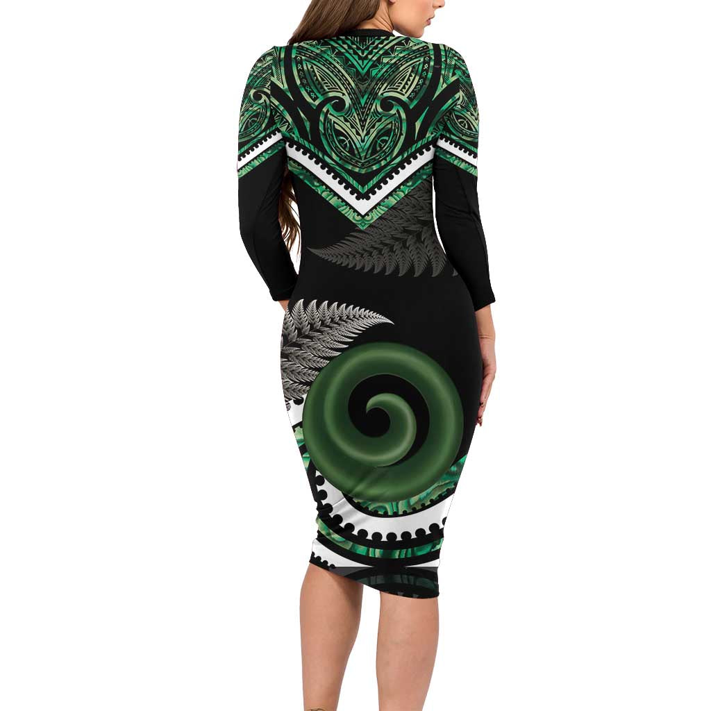 Koru Pounamu Aotearoa Family Matching Long Sleeve Bodycon Dress and Hawaiian Shirt Maori Paua Shell Mix Silver Fern LT14 - Polynesian Pride