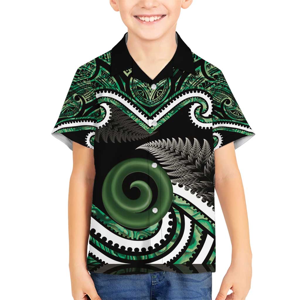 Koru Pounamu Aotearoa Family Matching Long Sleeve Bodycon Dress and Hawaiian Shirt Maori Paua Shell Mix Silver Fern LT14 Son's Shirt Black - Polynesian Pride