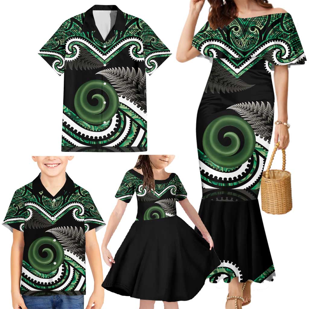 Koru Pounamu Aotearoa Family Matching Mermaid Dress and Hawaiian Shirt Maori Paua Shell Mix Silver Fern LT14 - Polynesian Pride