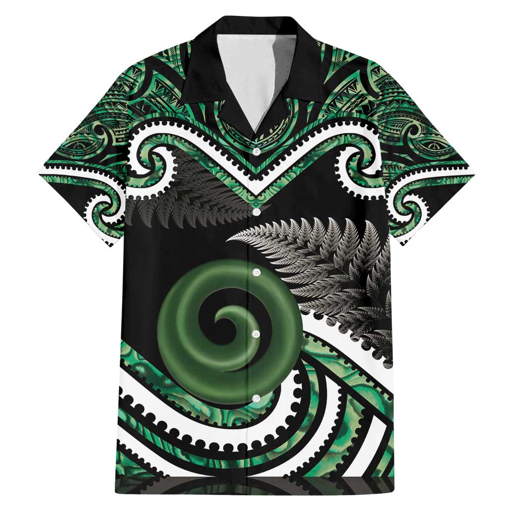 Koru Pounamu Aotearoa Family Matching Mermaid Dress and Hawaiian Shirt Maori Paua Shell Mix Silver Fern LT14 Dad's Shirt - Short Sleeve Black - Polynesian Pride