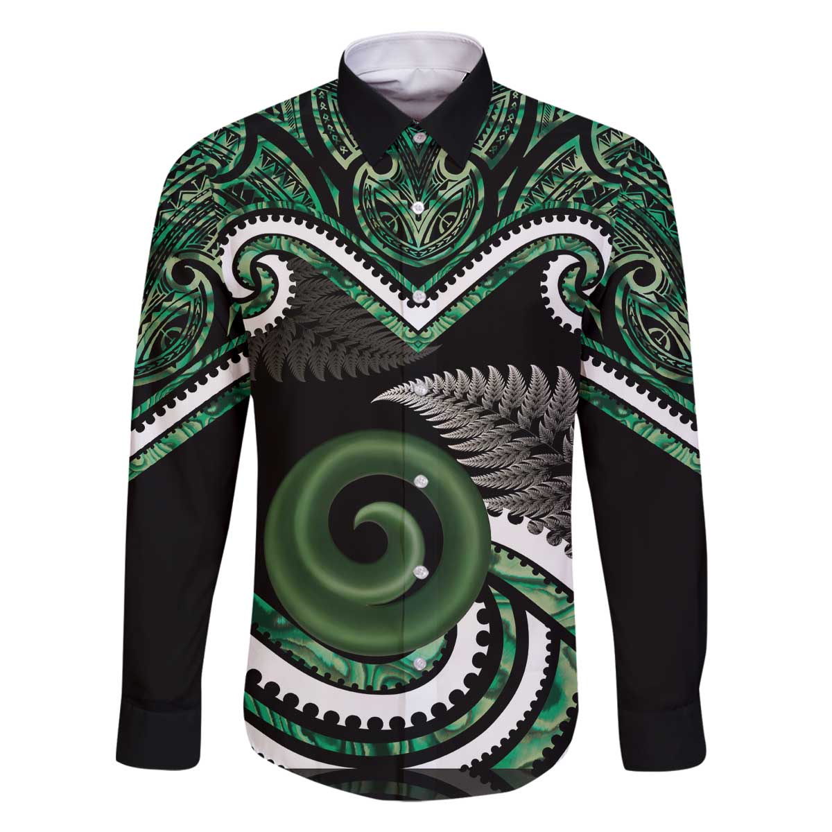 Koru Pounamu Aotearoa Family Matching Off The Shoulder Long Sleeve Dress and Hawaiian Shirt Maori Paua Shell Mix Silver Fern LT14 Dad's Shirt - Long Sleeve Black - Polynesian Pride