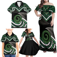 Koru Pounamu Aotearoa Family Matching Off Shoulder Maxi Dress and Hawaiian Shirt Maori Paua Shell Mix Silver Fern LT14 - Polynesian Pride