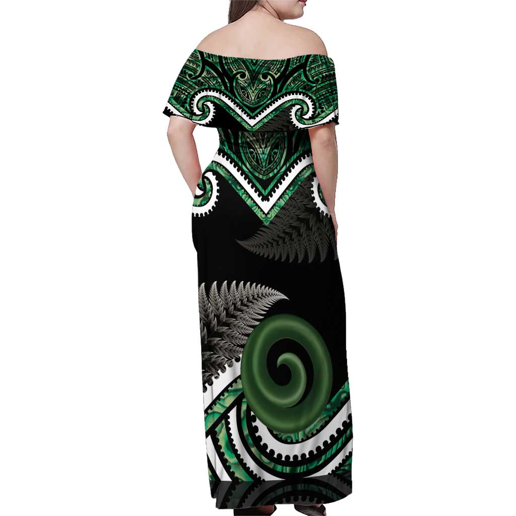 Koru Pounamu Aotearoa Family Matching Off Shoulder Maxi Dress and Hawaiian Shirt Maori Paua Shell Mix Silver Fern LT14 - Polynesian Pride