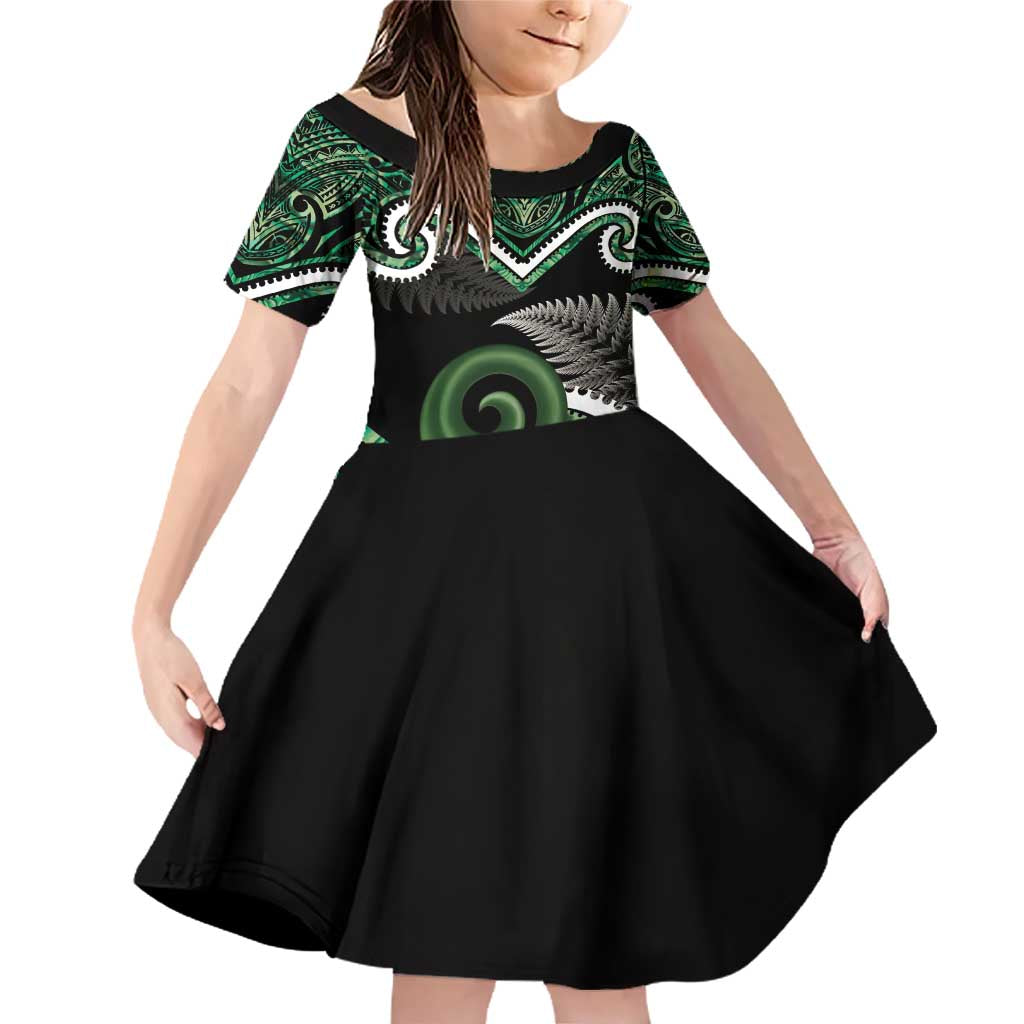 Koru Pounamu Aotearoa Family Matching Off Shoulder Short Dress and Hawaiian Shirt Maori Paua Shell Mix Silver Fern LT14 Daughter's Dress Black - Polynesian Pride