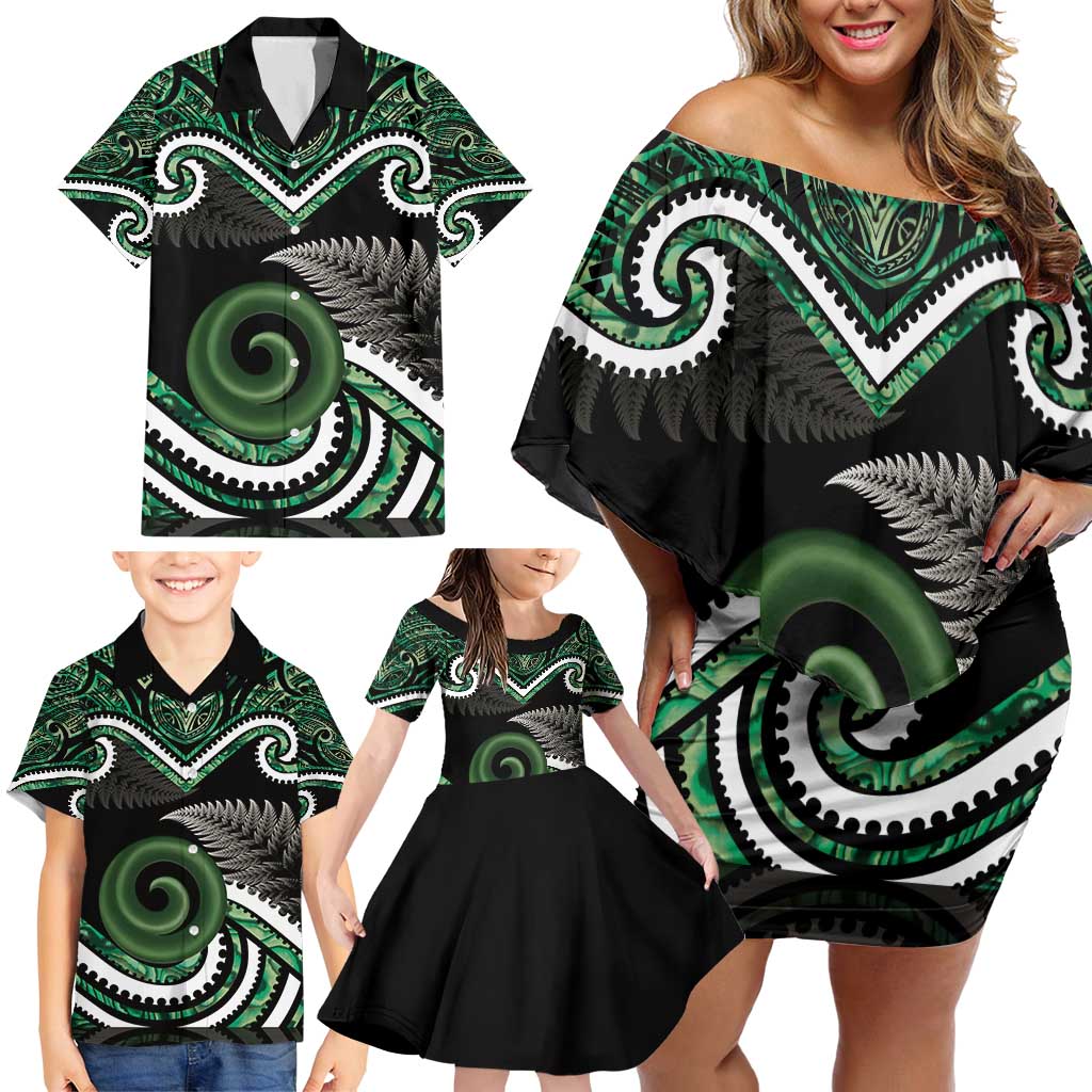 Koru Pounamu Aotearoa Family Matching Off Shoulder Short Dress and Hawaiian Shirt Maori Paua Shell Mix Silver Fern LT14 - Polynesian Pride